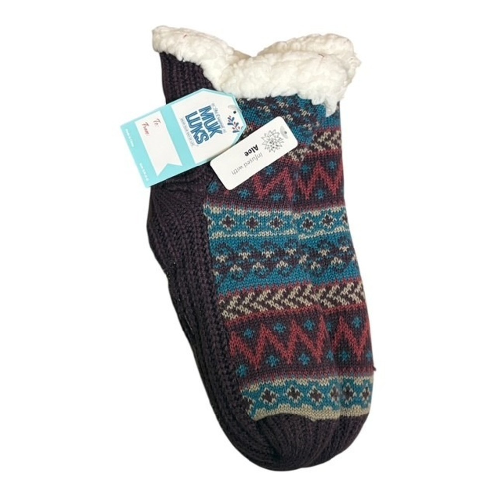 MUK LUKS Women's S/M (6-8) Fair Isle Aloe Infused Slipper Socks Sherpa Lined